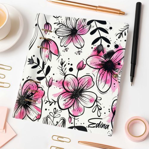Pink Virágos Gyűrűs Határidőnapló Névvel - A5, B6, A6